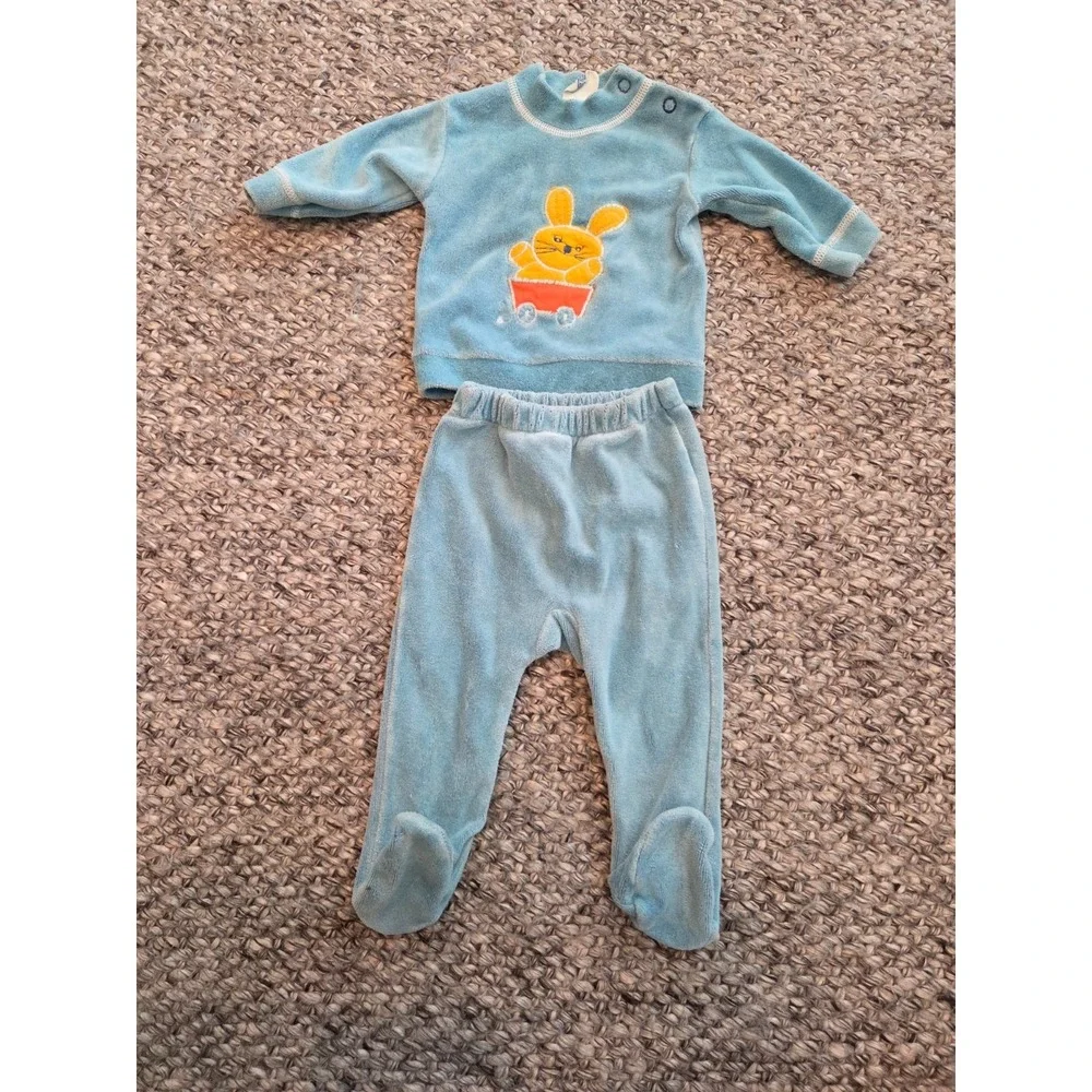 Vintage 80s Carter's Outfit Footie Pajamas Set Blue Velour Bunny Baby Boy 3m